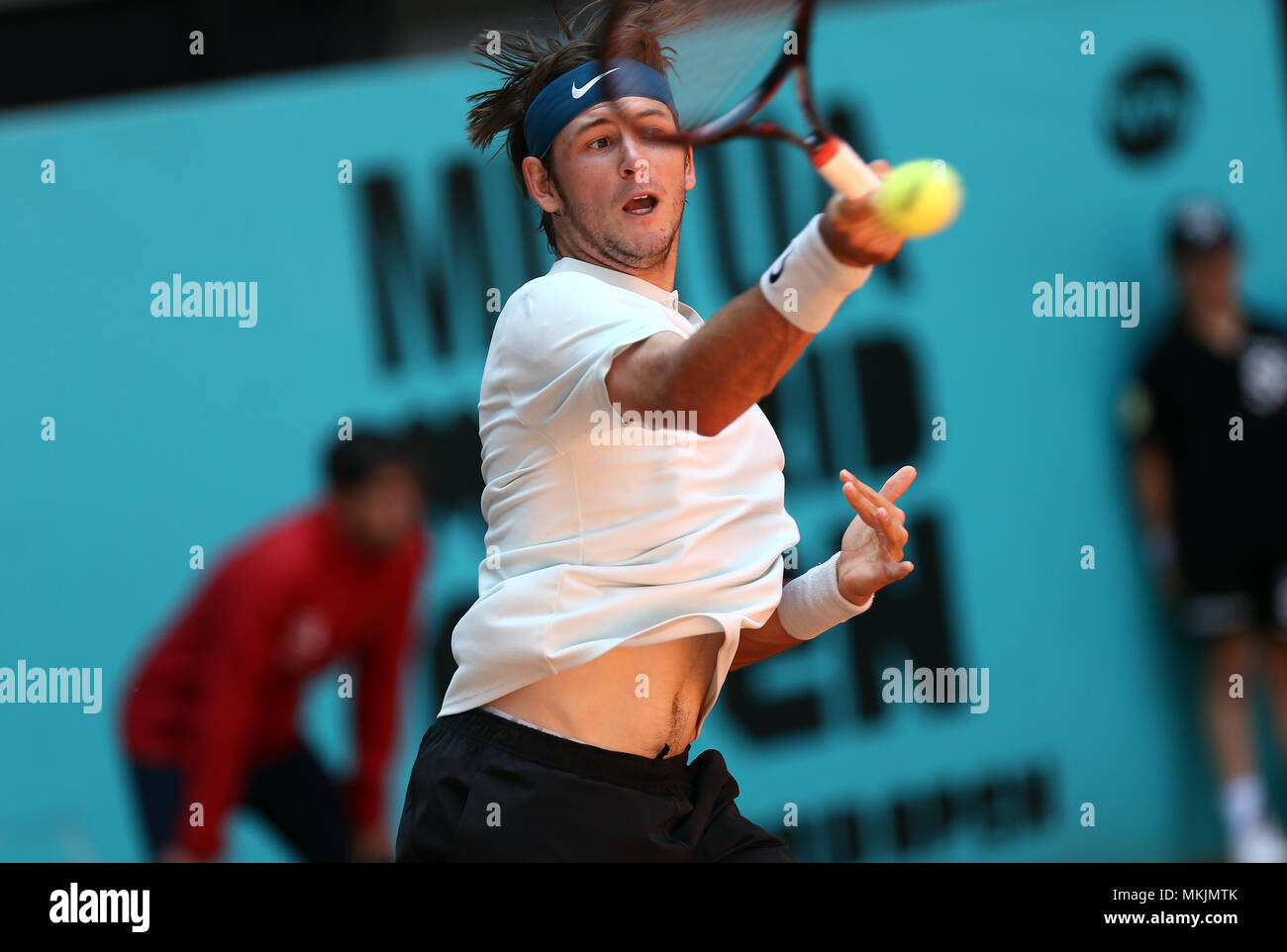 Jared Donaldson of USA returns the ball to Roberto Bautista of Spain in the  2nd Round match in day four of the Mutua Madrid Open tennis tournament at  the Caja Magica Stock