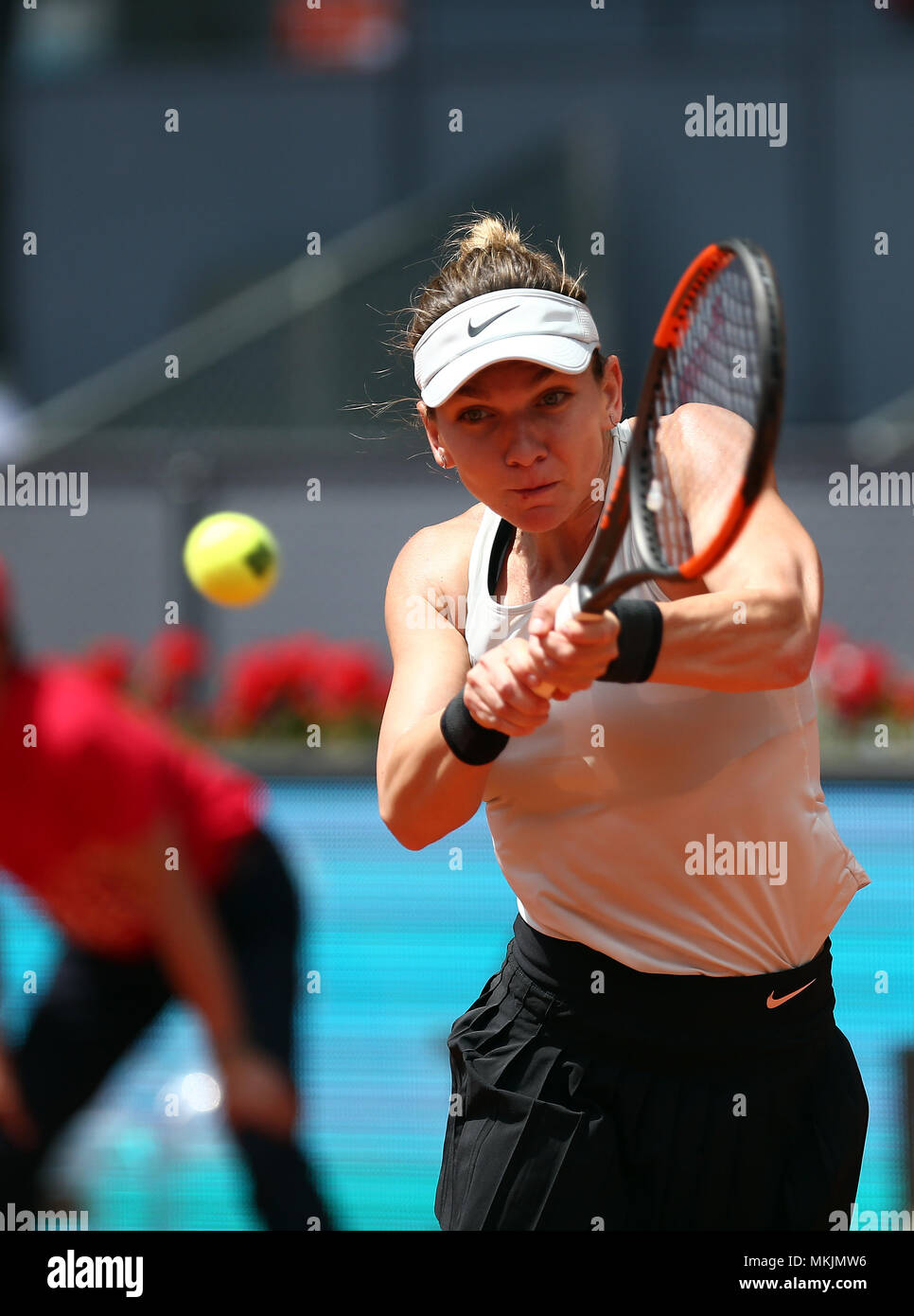 Madrid, Spain. 8th May, 2018. Simona Halep of Romania plays a backhand to Elise Mertens of Belgium in the 2nd Round match during day four of the Mutua Madrid Open tennis tournament at the Caja Magica. Credit: Manu Reino/SOPA Images/ZUMA Wire/Alamy Live News Stock Photo