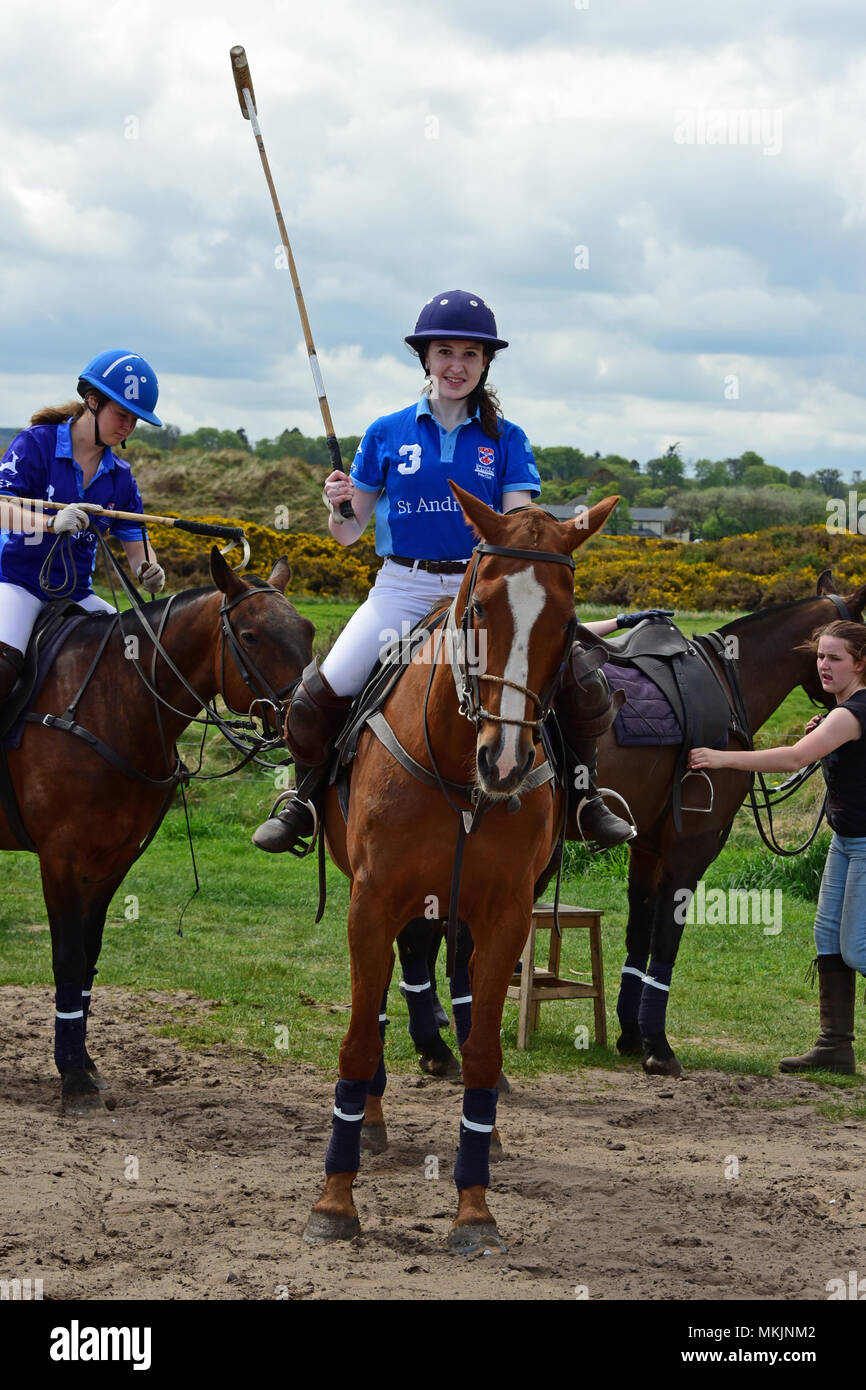 St Andrews, Scotland, United Kingdom, 08, May, 2018. St Andrews and Stirling University polo players between matches during friendlies on the beach at St Andrews, © Ken Jack / Alamy Live News Stock Photo