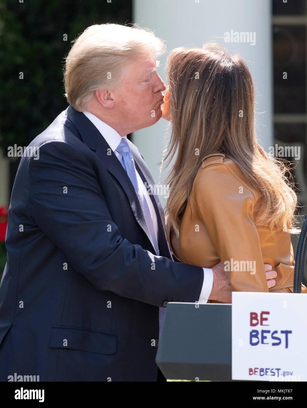 Washington, United States Of America. 07th May, 2018. United States  President Donald J. Trump kisses First Lady Melania Trump after she  announced her Initiatives in the Rose Garden of the White House