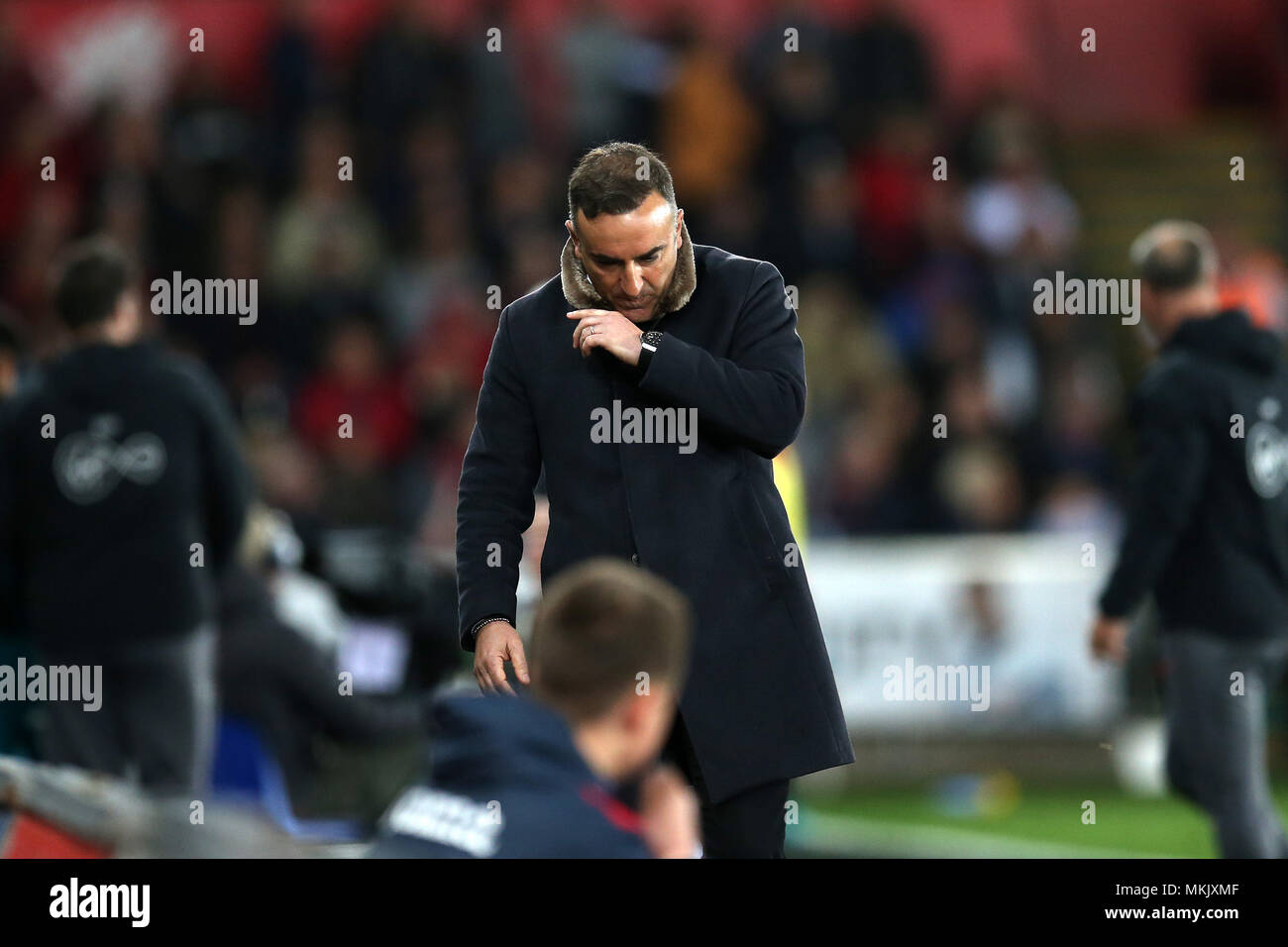 Swansea, Wales, UK. 8th May, 2018. Carlos Carvalhal , the Swansea city manager on the touchline . Premier League match, Swansea city v Southampton at the Liberty Stadium in Swansea, South Wales on Tuesday 8th May 2018.  this image may only be used for Editorial purposes. Editorial use only, license required for commercial use. No use in betting, games or a single club/league/player publications. pic by Andrew Orchard/Andrew Orchard sports photography/Alamy Live news Stock Photo