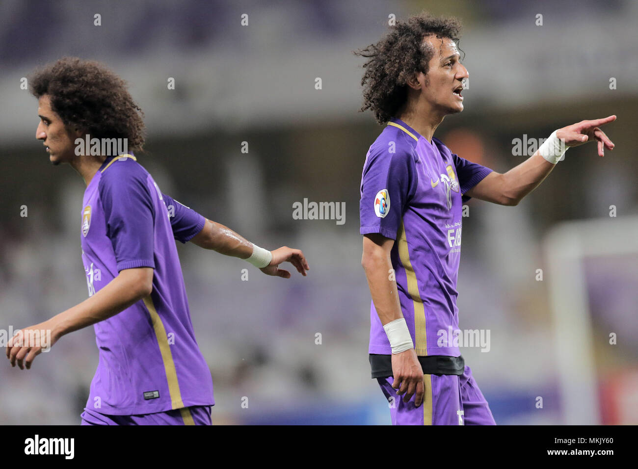 Al Ain, United Arab Emirates (UAE). 8th May, 2018. Mohamed Abdulrahman (R) and Omar Abdulrahman of Al Ain reacts during the first leg match of round 16 between United Arab Emirates's Al Ain and Qatar's Al Duhail in the AFC Asian Champions League in Al Ain, United Arab Emirates (UAE), May 8, 2018. Al Ain lost 2-4. Credit: Mahmoud Khaled/Xinhua/Alamy Live News Stock Photo