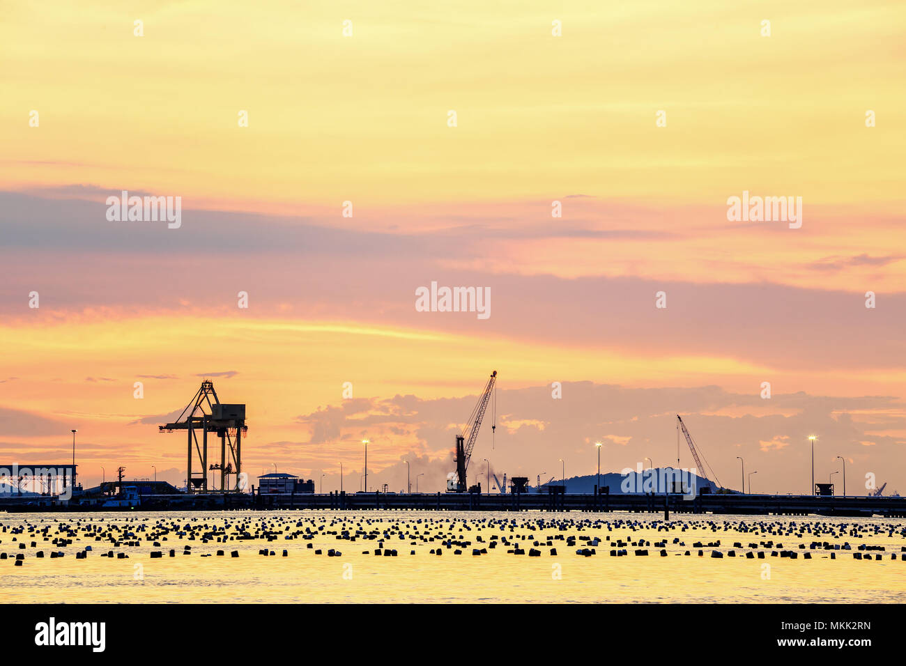 Container Cargo freight ship with working crane bridge in shipyard at ...