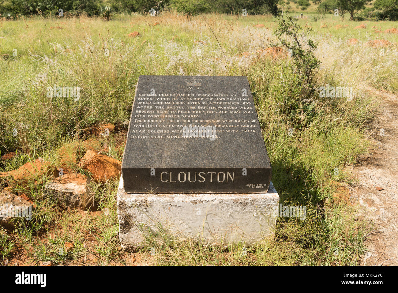 COLENSO, SOUTH AFRICA - MARCH 21, 2018: A granite plaque, at the Clouston Garden of Rememberance, for soldiers killed in the battle of Colenso during  Stock Photo