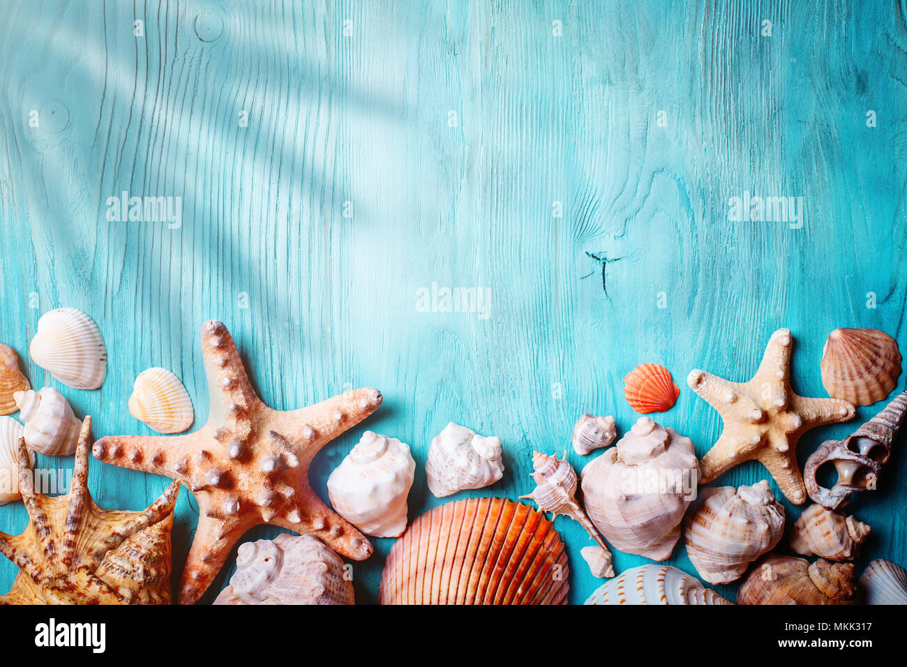 Summer Time Concept With Seashells And Starfish On Blue Wooden Boards Rest On The Beach Background With Copy Space Stock Photo Alamy