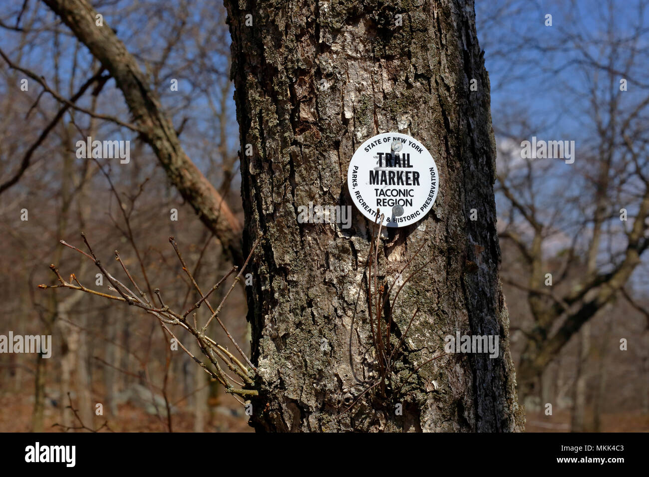 A Taconic Region white trail marker, New York State Stock Photo