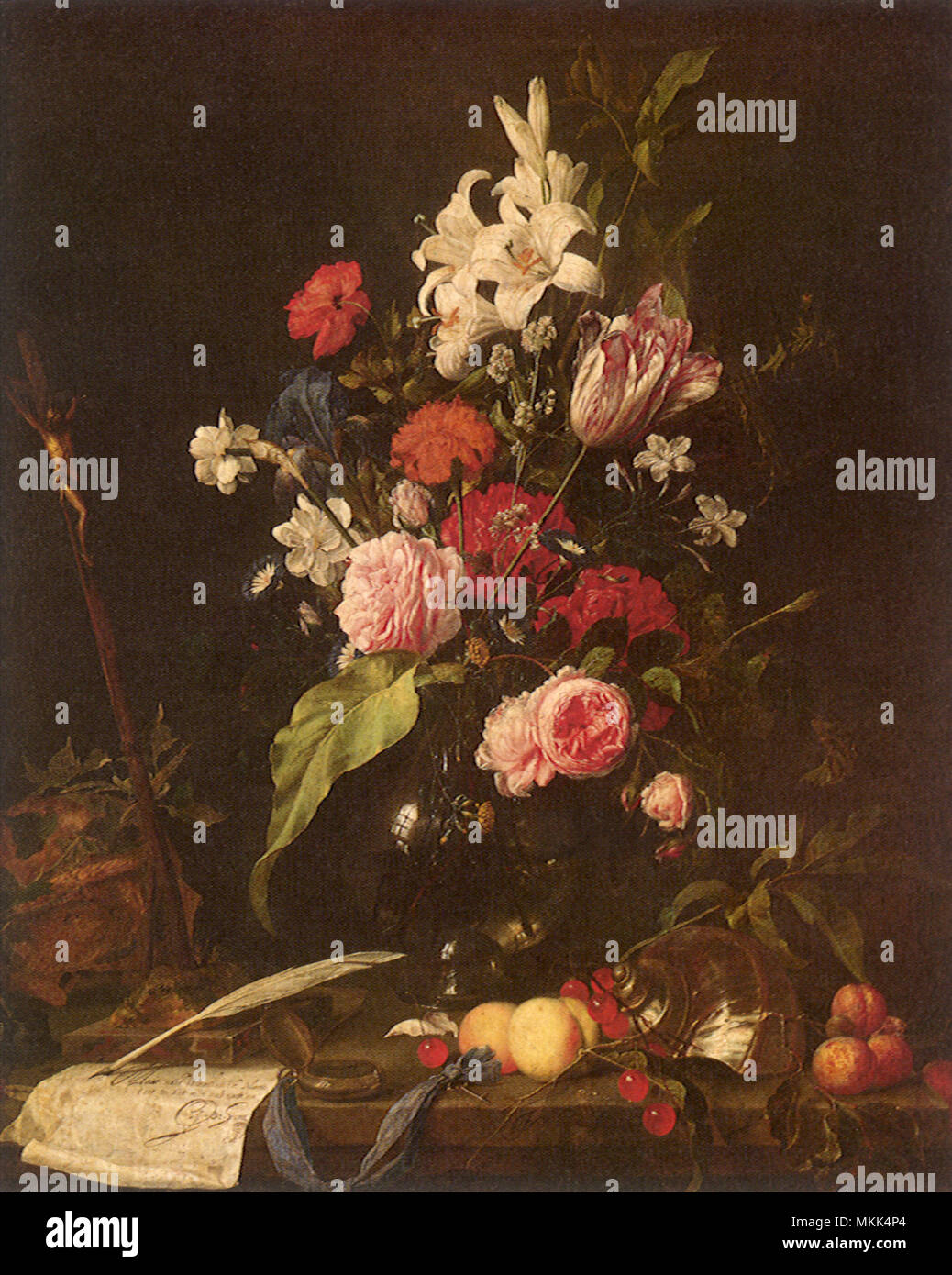 Flower Still Life with Crucifix & Death's-Head Stock Photo