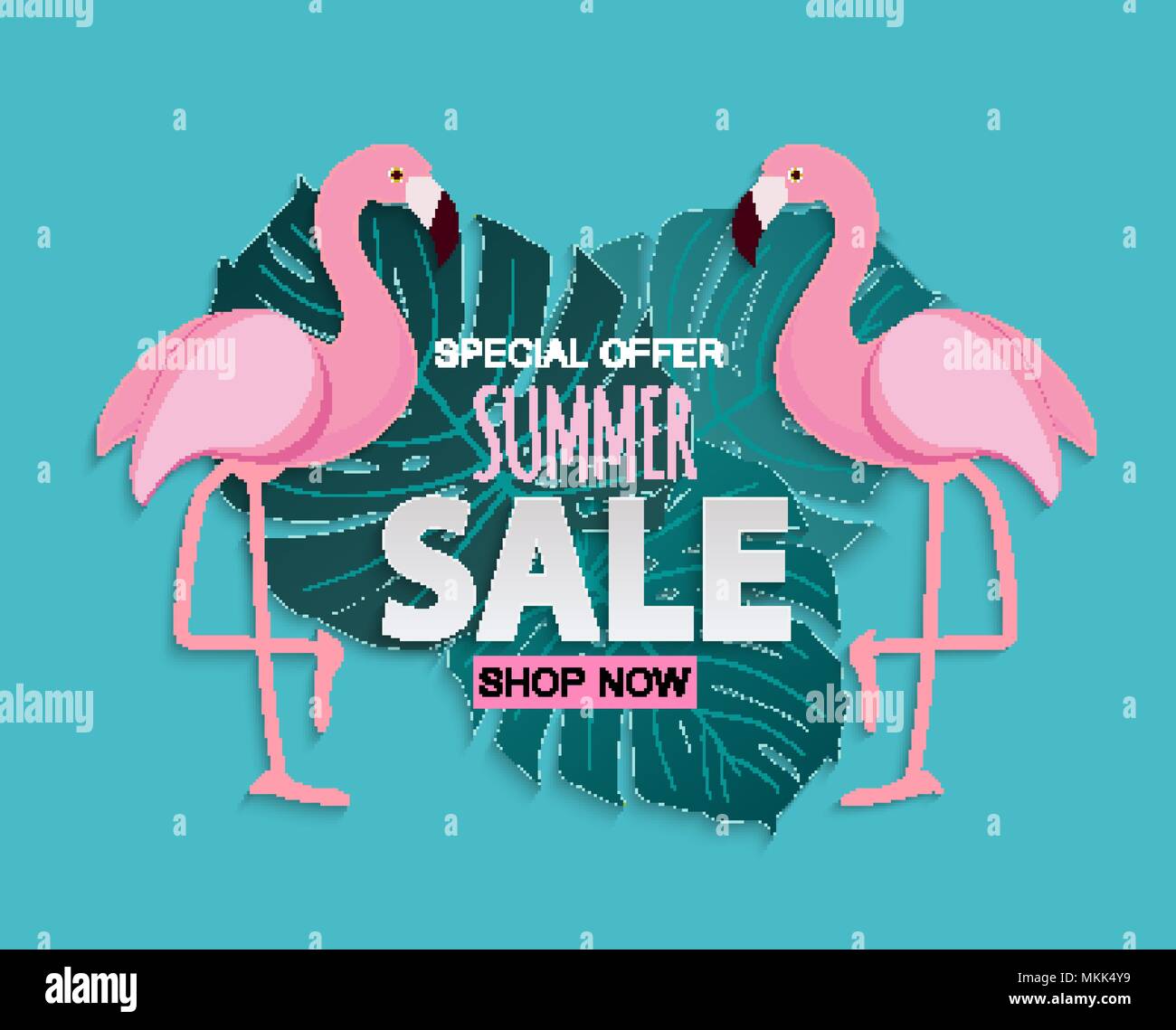 Abstract Tropical Summer Sale Background with Flamingo and Leaves ...