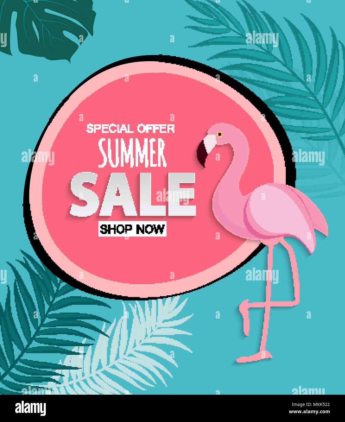 Abstract Tropical Summer Sale Background with Flamingo and Leaves ...