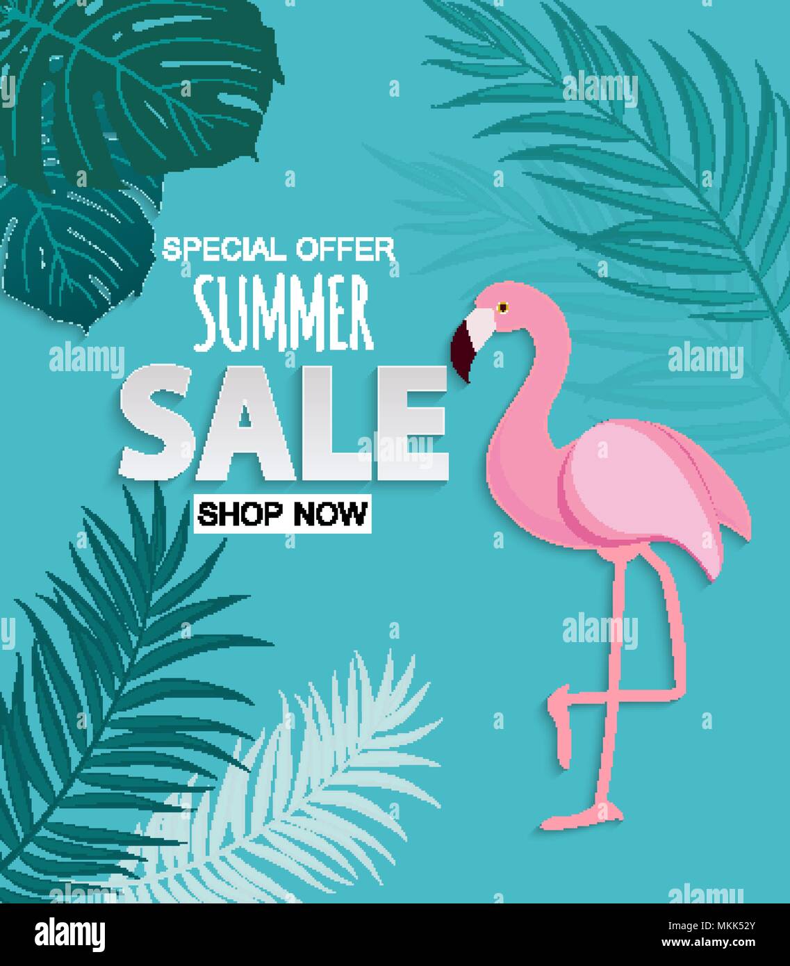 Abstract Tropical Summer Sale Background with Flamingo and Leaves ...