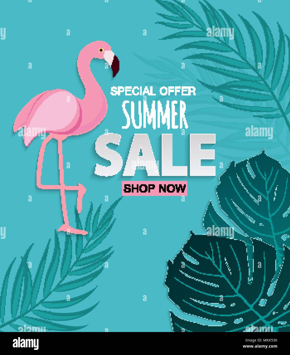 Abstract Tropical Summer Sale Background with Flamingo and Leaves ...