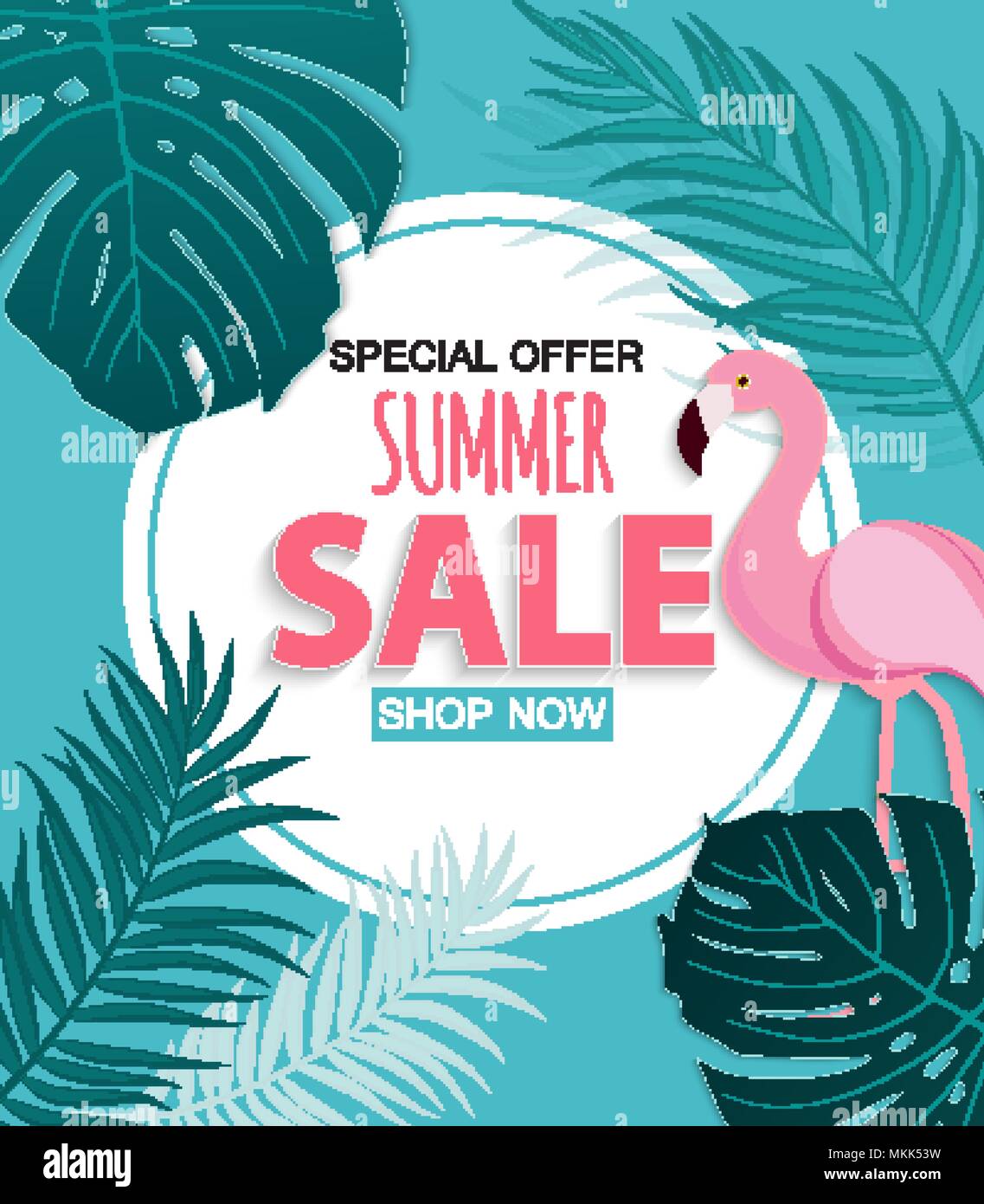 Abstract Tropical Summer Sale Background with Flamingo and Leaves ...