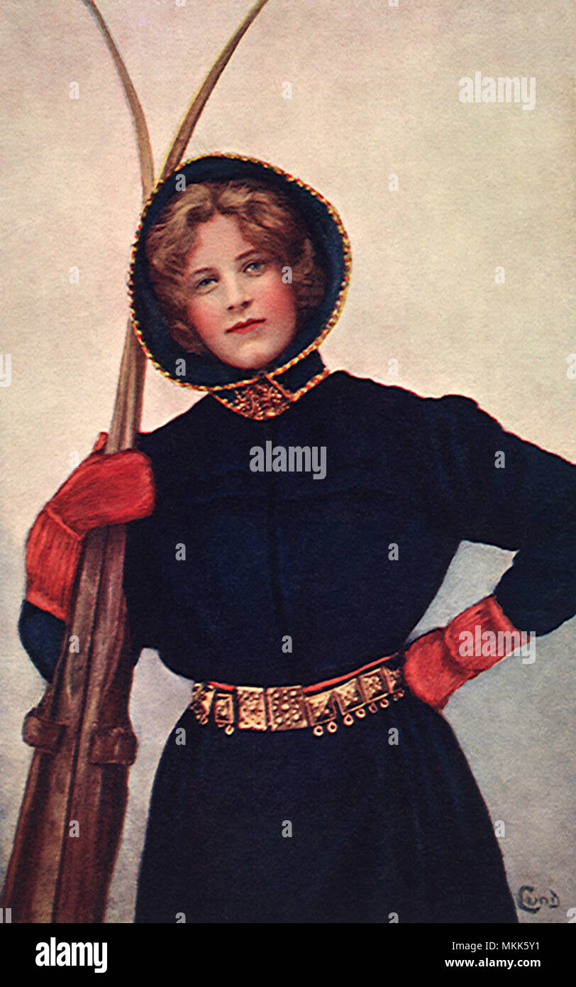 Woman with Skis Stock Photo