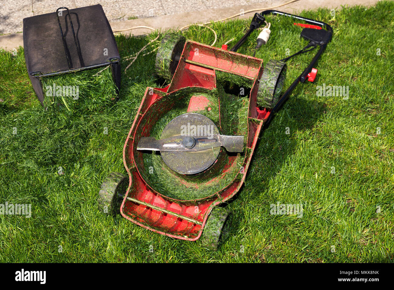 Container full of cutting grass and red mower upside down Stock Photo