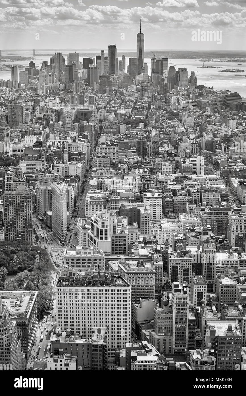 Black and white aerial picture of the Manhattan, New York City, USA. Stock Photo