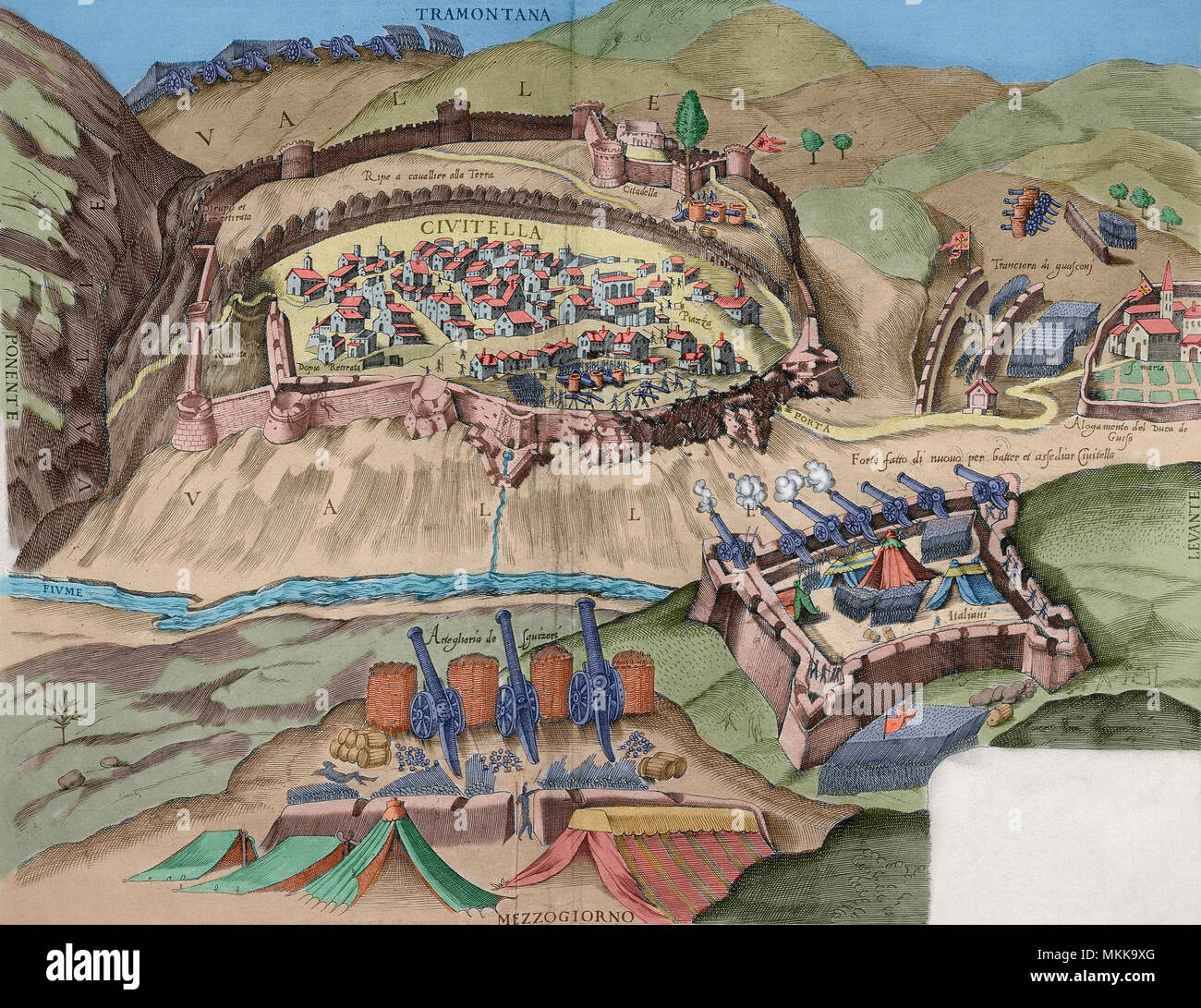 Italian Wars (1494-1559). Conflicts that involved the major states of Western Europe and most of the Italian city-states, as well as the Ottoman Empire. Italian engraving, 16 th century. Siege of a citadel by artillery. Later colouration. Stock Photo