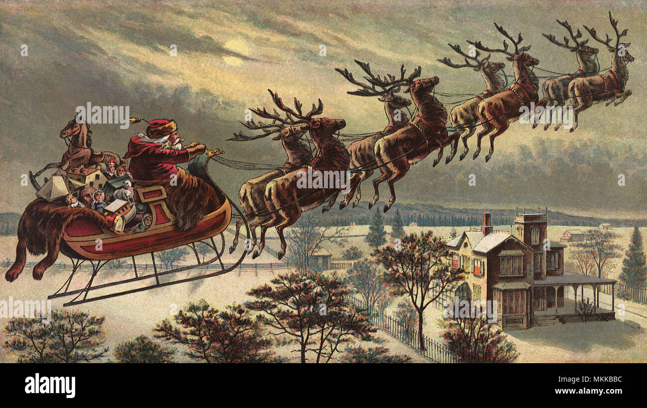 Santa, Sleigh, Reindeer Stock Photo