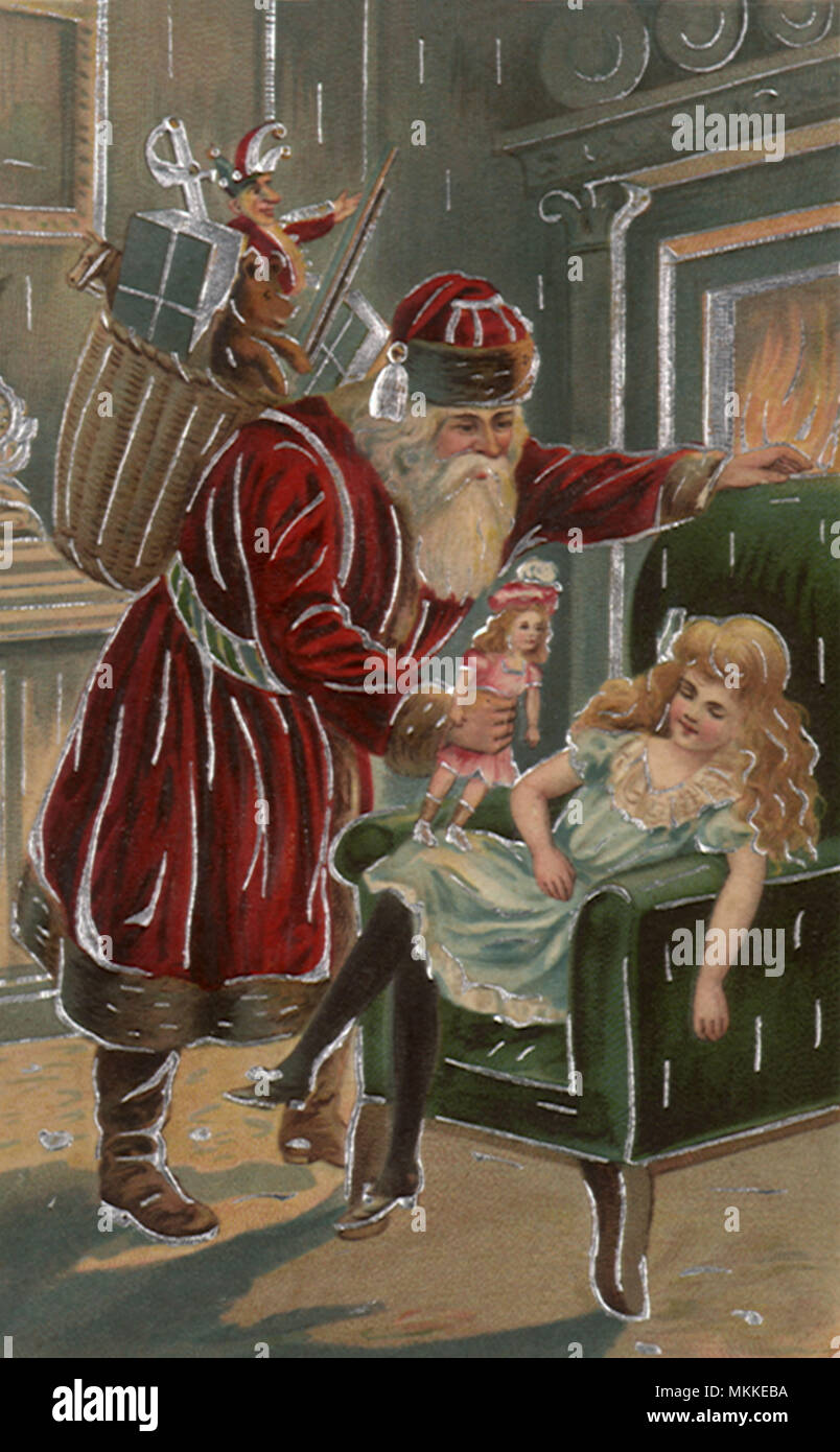 Santa Giving Girl Doll Stock Photo Alamy