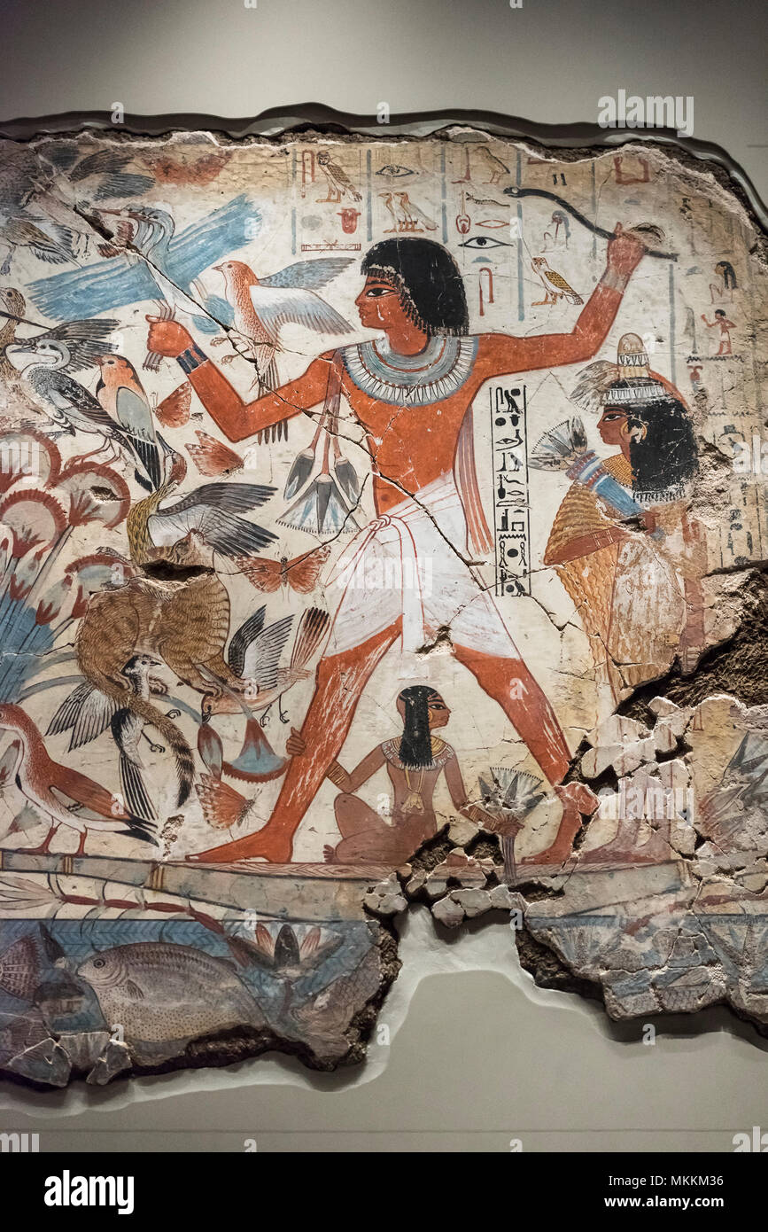 London. England. British Museum. Nebamun hunting in the marshes ca. 1350, from the Tomb of Nebamun, Thebes, Egypt. 18th Dynasty, New Kingdom period.   Stock Photo