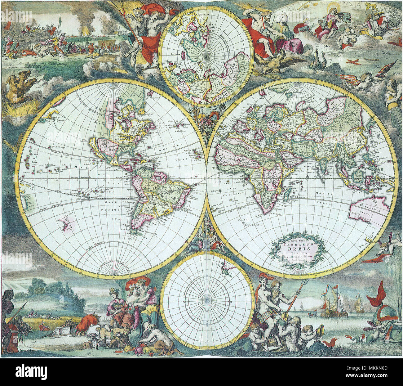 Dual Hemisphere Map of the World 1668 Stock Photo