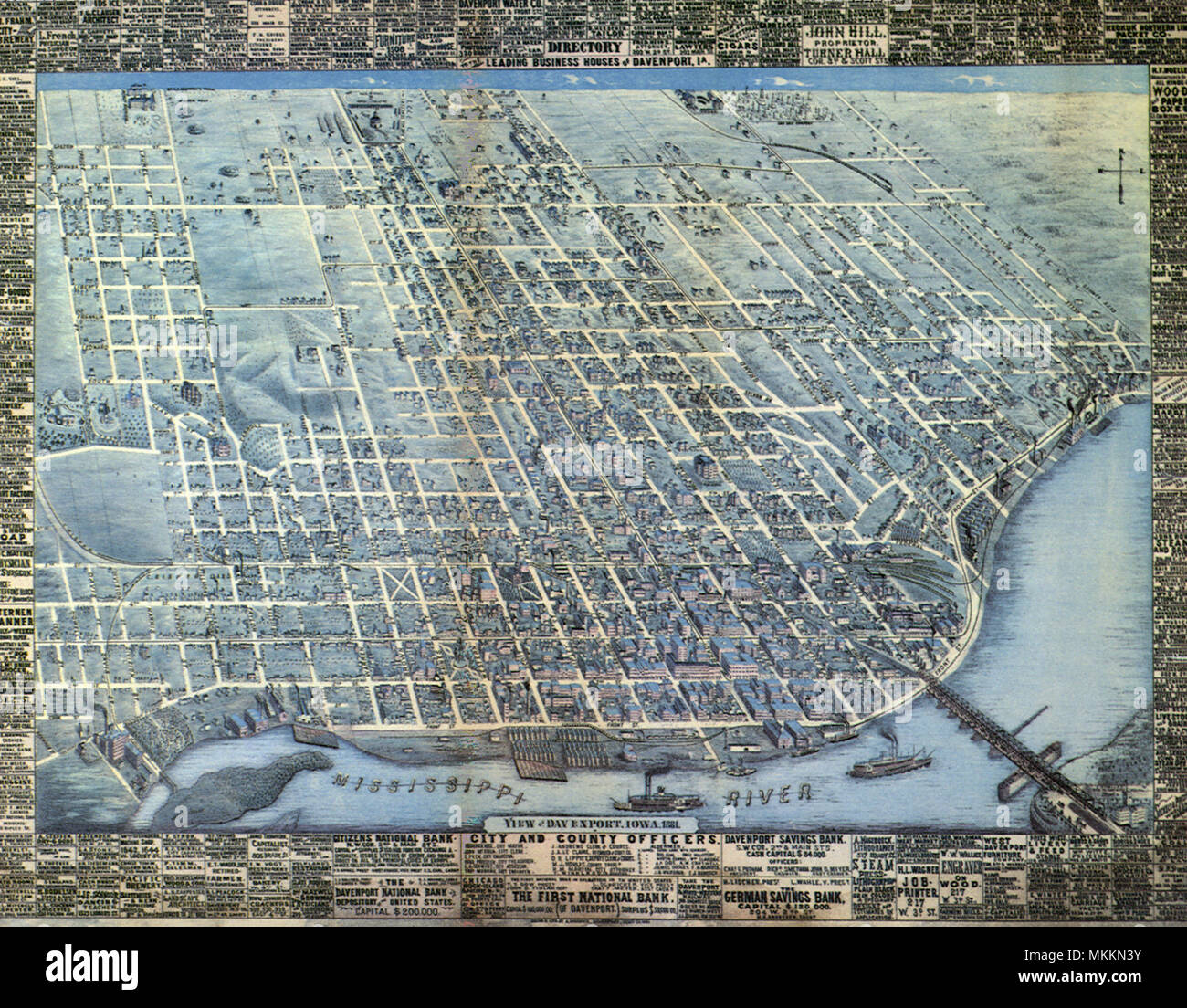 Aerial Map of Davenport. 1881 Stock Photo