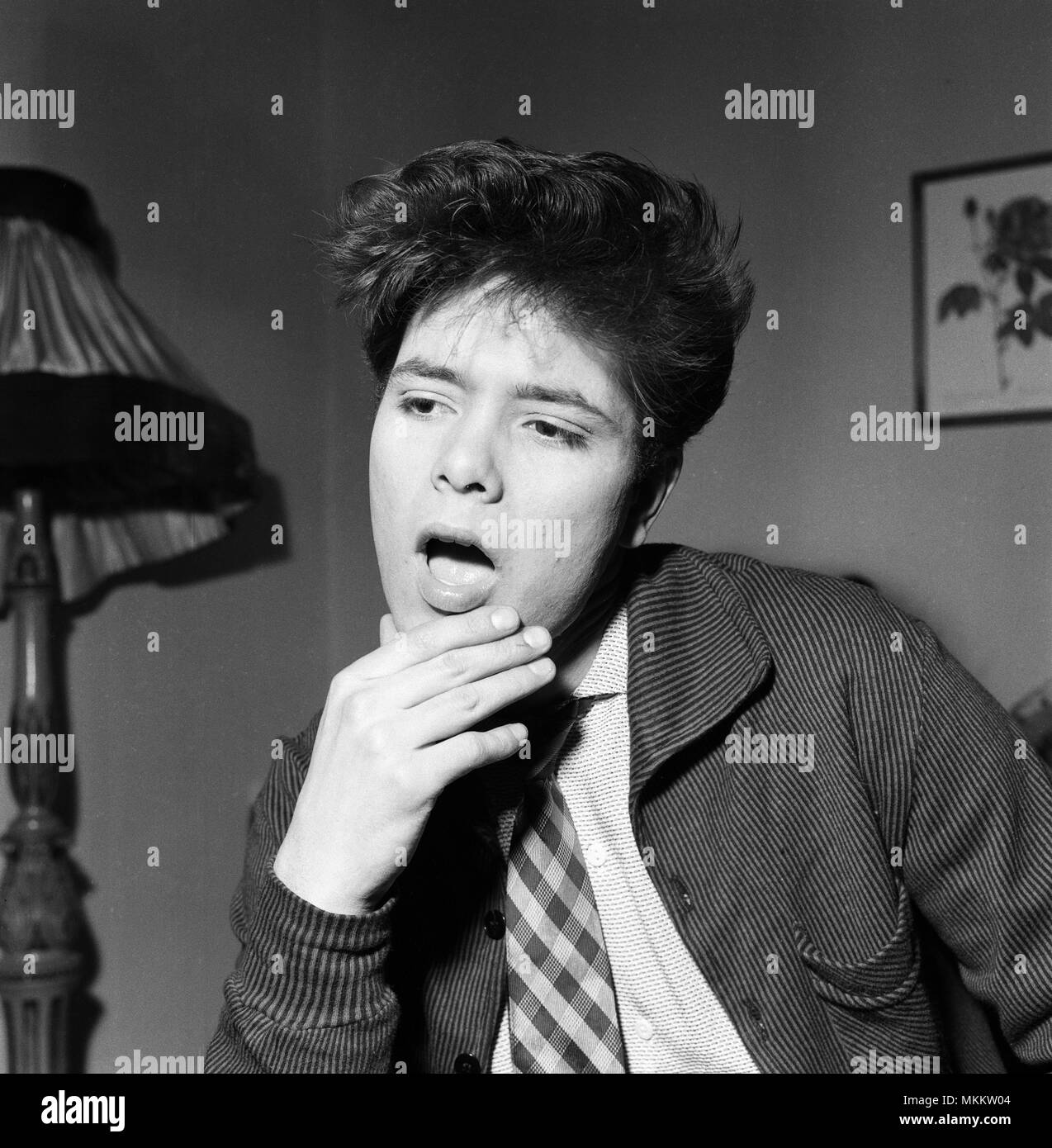 Rock and roll singer Cliff Richard who was attacked this evening whilst performing at the Lyceum dance hall, London. Pictured at his home. 4th February 1959. Stock Photo