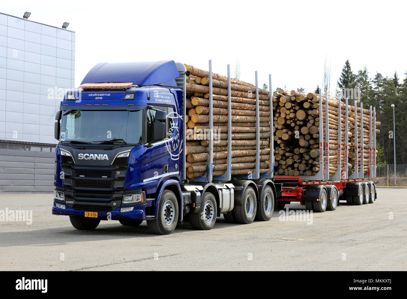 LIETO, FINLAND - APRIL 12, 2018: New blue Scania R650 logging truck parked during Scania Tour 2018 in Turku. Stock Photo