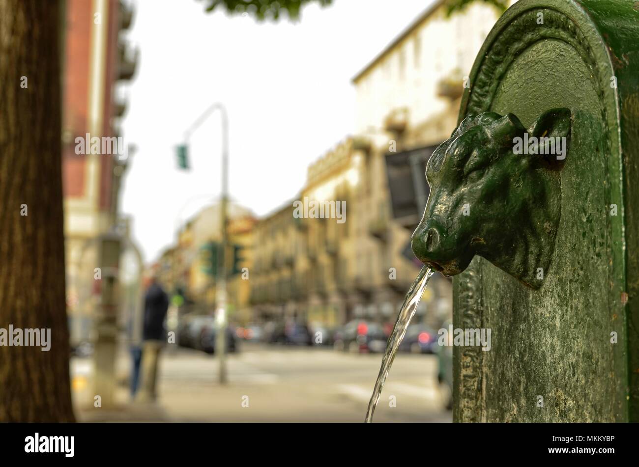 Turin, Piedmont region, Italy. May 2018. The symbolic fountain of Turin, the torello or turet in Piedmontese. They are found in every corner. Stock Photo