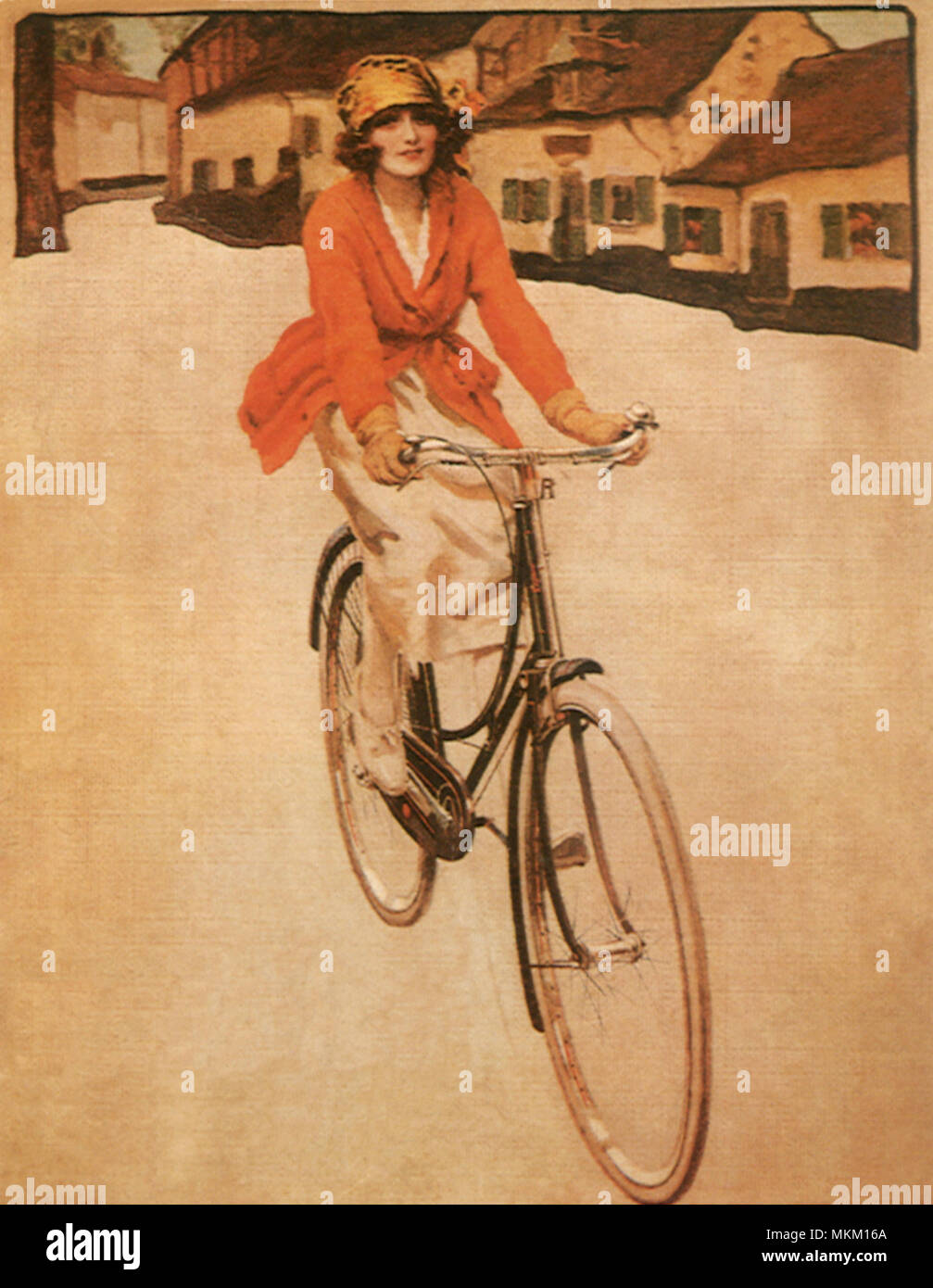 Woman Biking in Town Stock Photo