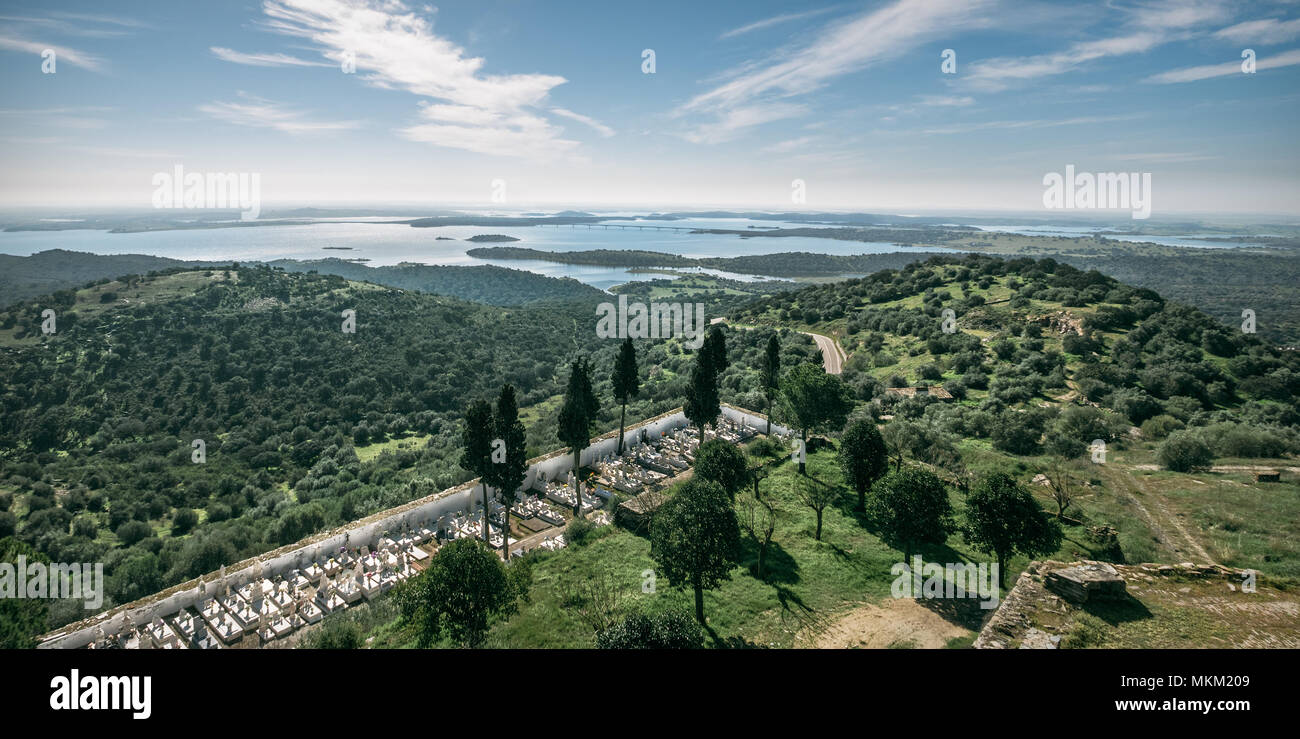 Aerial panoramic view of Monsaraz with the cemetery integrated on the landscape. Stock Photo