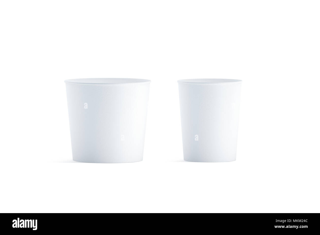 Blank white big and medium food bucket mockup, isolated. Empty pail fastfood front side view. Paper chicken bucketful design mock up. Clear popcorn bo Stock Photo