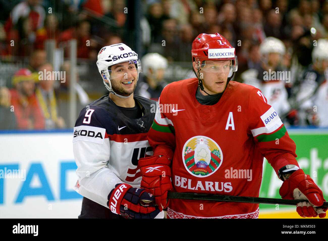 MINSK, BELARUS - MAY 7: Tyler Johnson of USA smiles during 2014 IIHF World Ice Hockey Championship match on May 7, 2014 in Minsk, Belarus Stock Photo