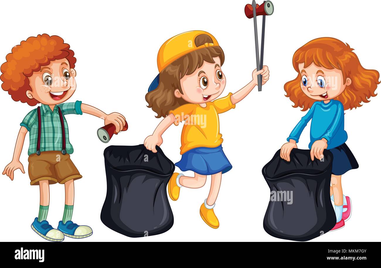 Children Collecting Rubbish on White Background illustration Stock