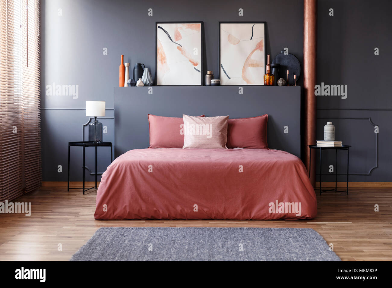 Vibrant Bedroom Oasis: Red \u0026 White Bed, Grey Striped Walls, Metallic  Accents | Bedroom red, Red, image size:1300x956