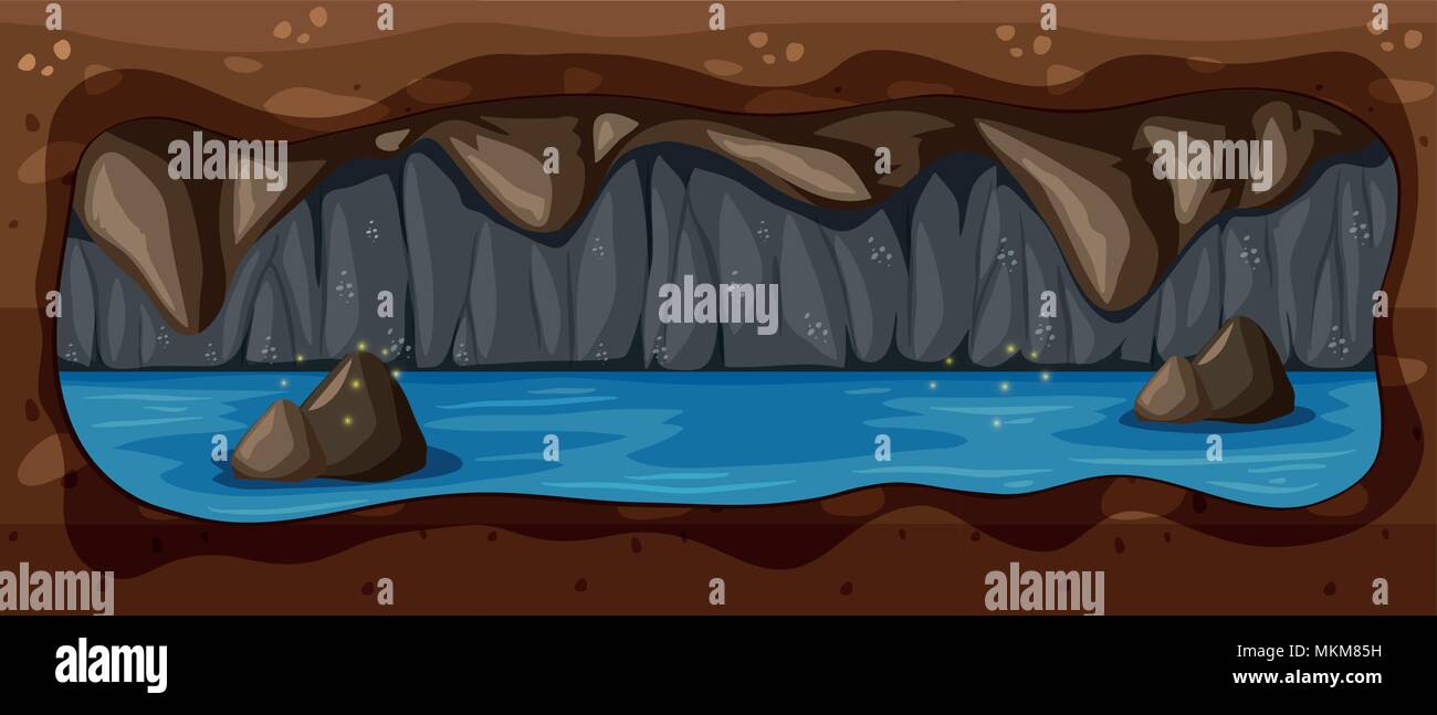 Dark Underground Cave River Scene illustration Stock Vector