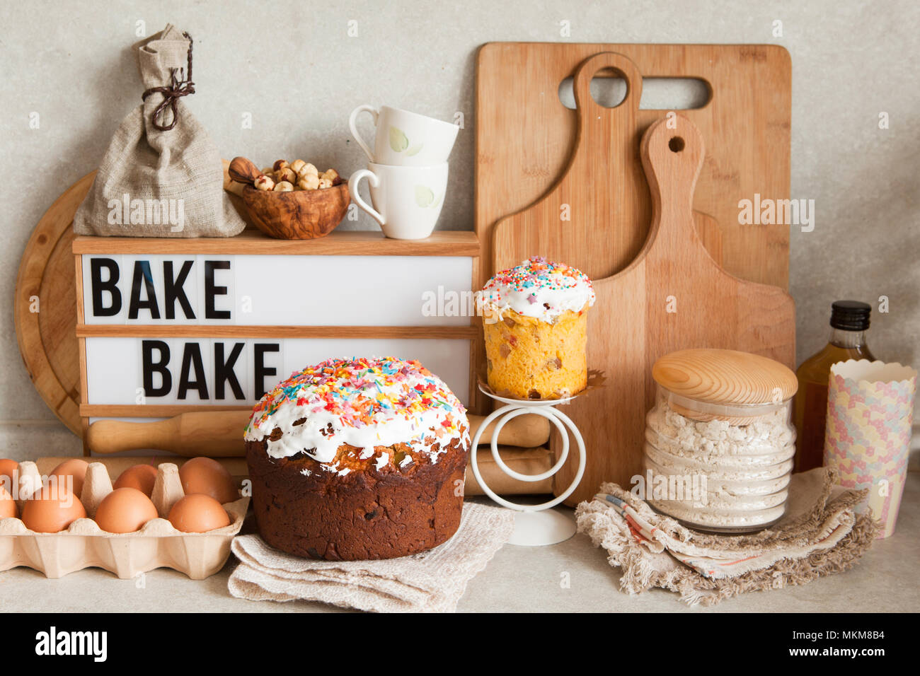 Baking or cooking ingredients, kitchen items for baking cakes. Kitchen  utensils, flour, eggs, almond, cinnamon, butter, sugar, rum. Pastry making  and Stock Photo - Alamy