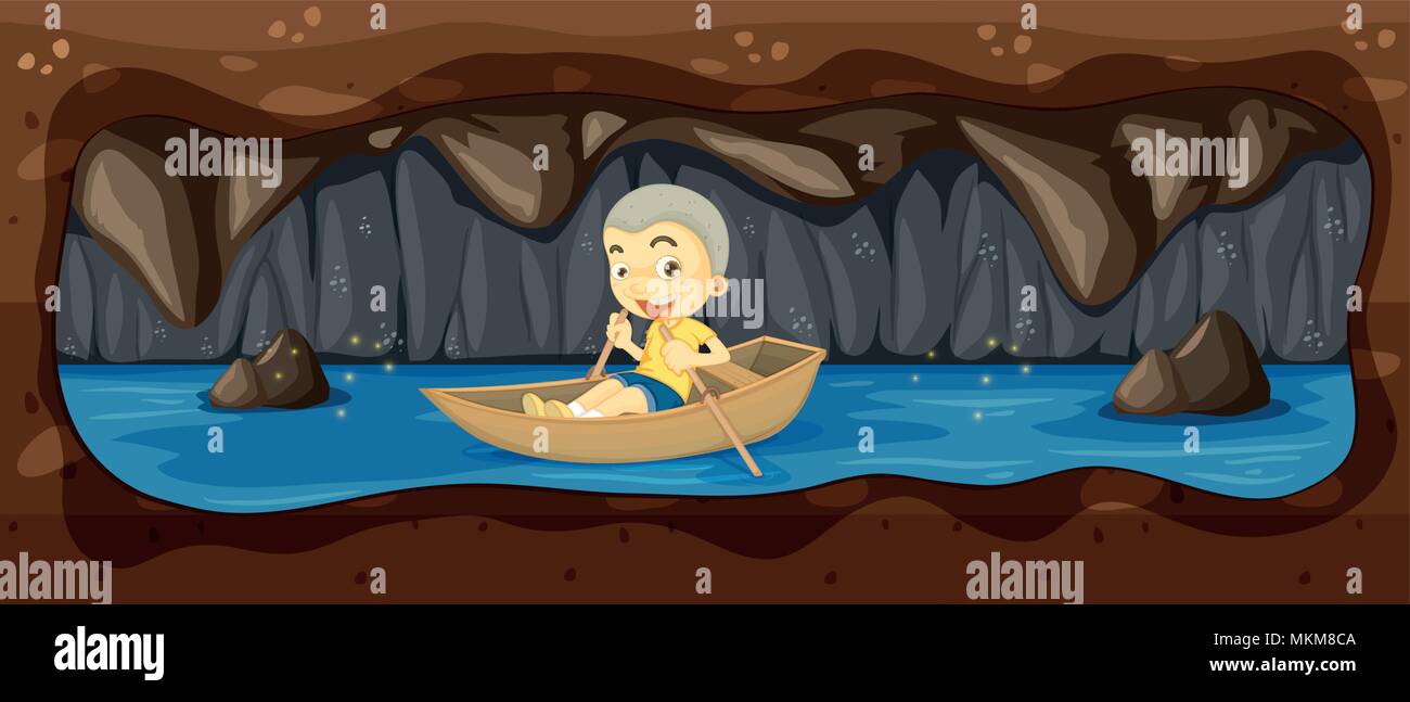 A Kid Riding a Boat in the River Cave illustration Stock Vector