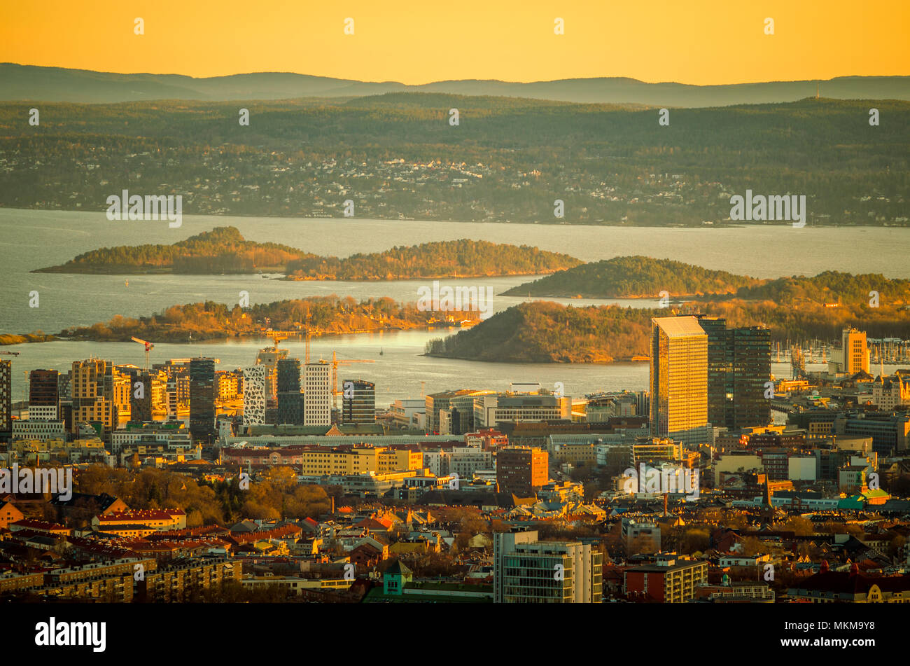Centrum of Oslo in colorful colors of sunset. Stock Photo