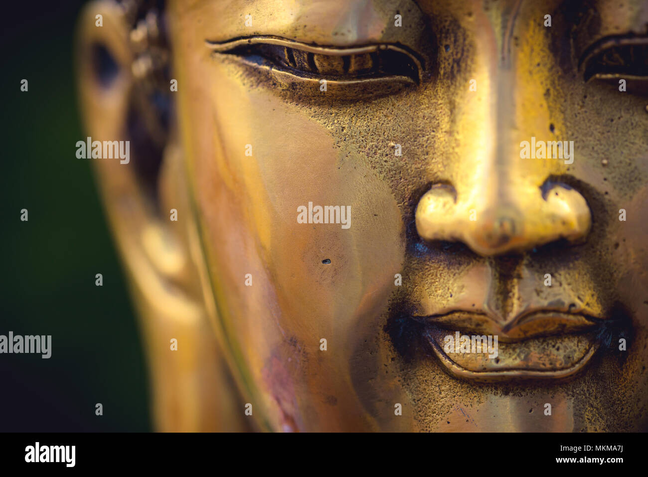 close up of a golden colored buddha head on black background Stock Photo