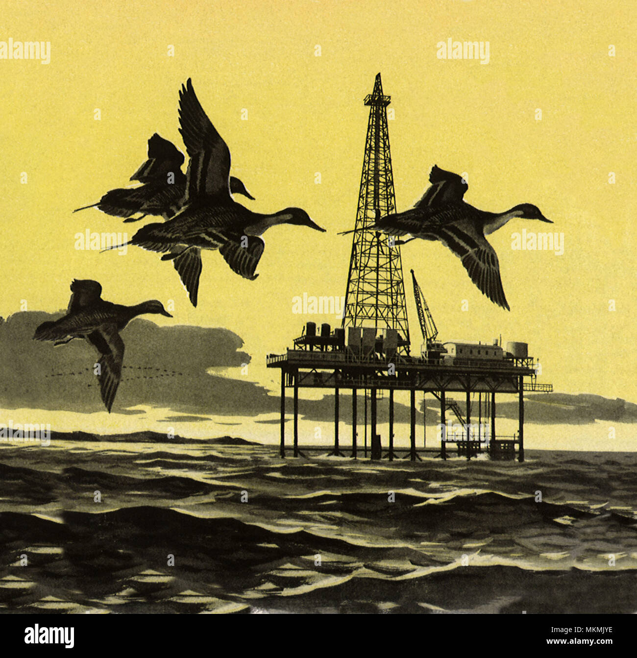 Geese Fly Near Oil Rig Stock Photo