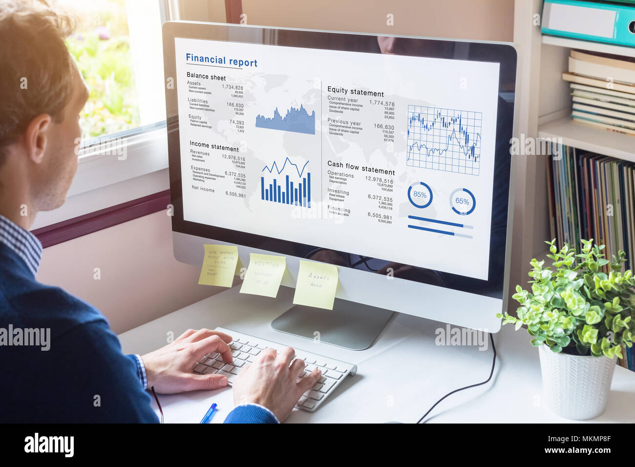 Businessman working on Financial Report of corporate operations on computer screen with Balance Sheet, Income Statement, and key performance indicator Stock Photo