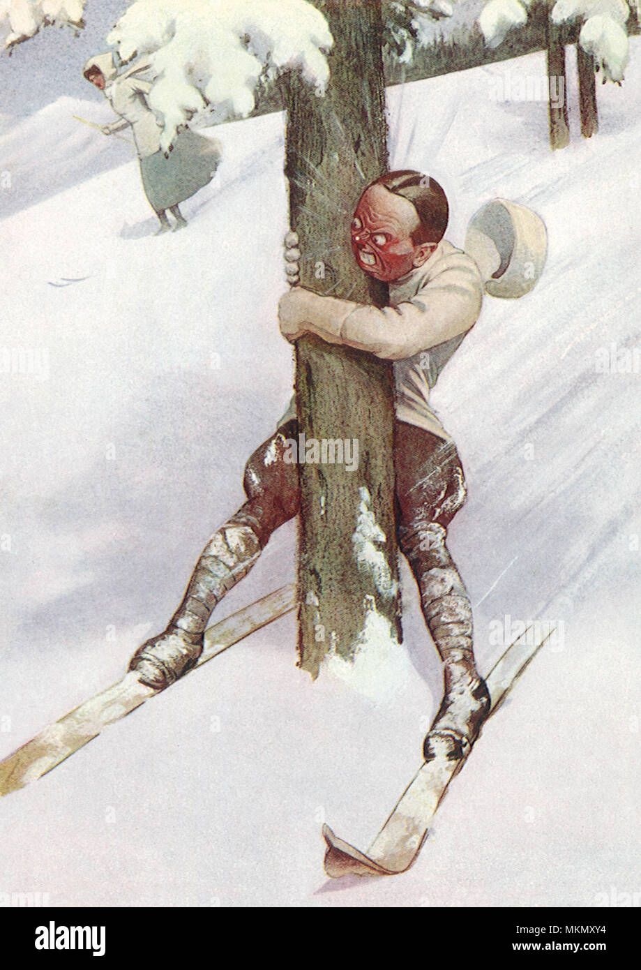 Skier Stops Tree with Body Stock Photo