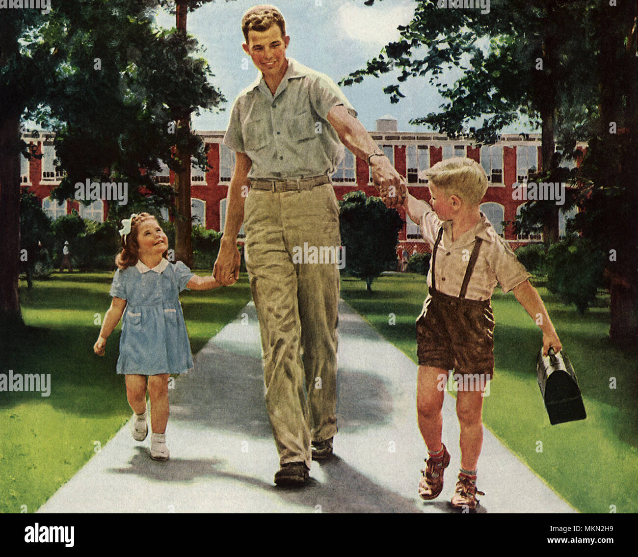 Dad and Kids Leave School Stock Photo Alamy
