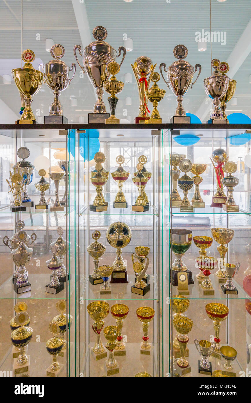 Trophies at a local swimming pool, Alftanes, Iceland Stock Photo