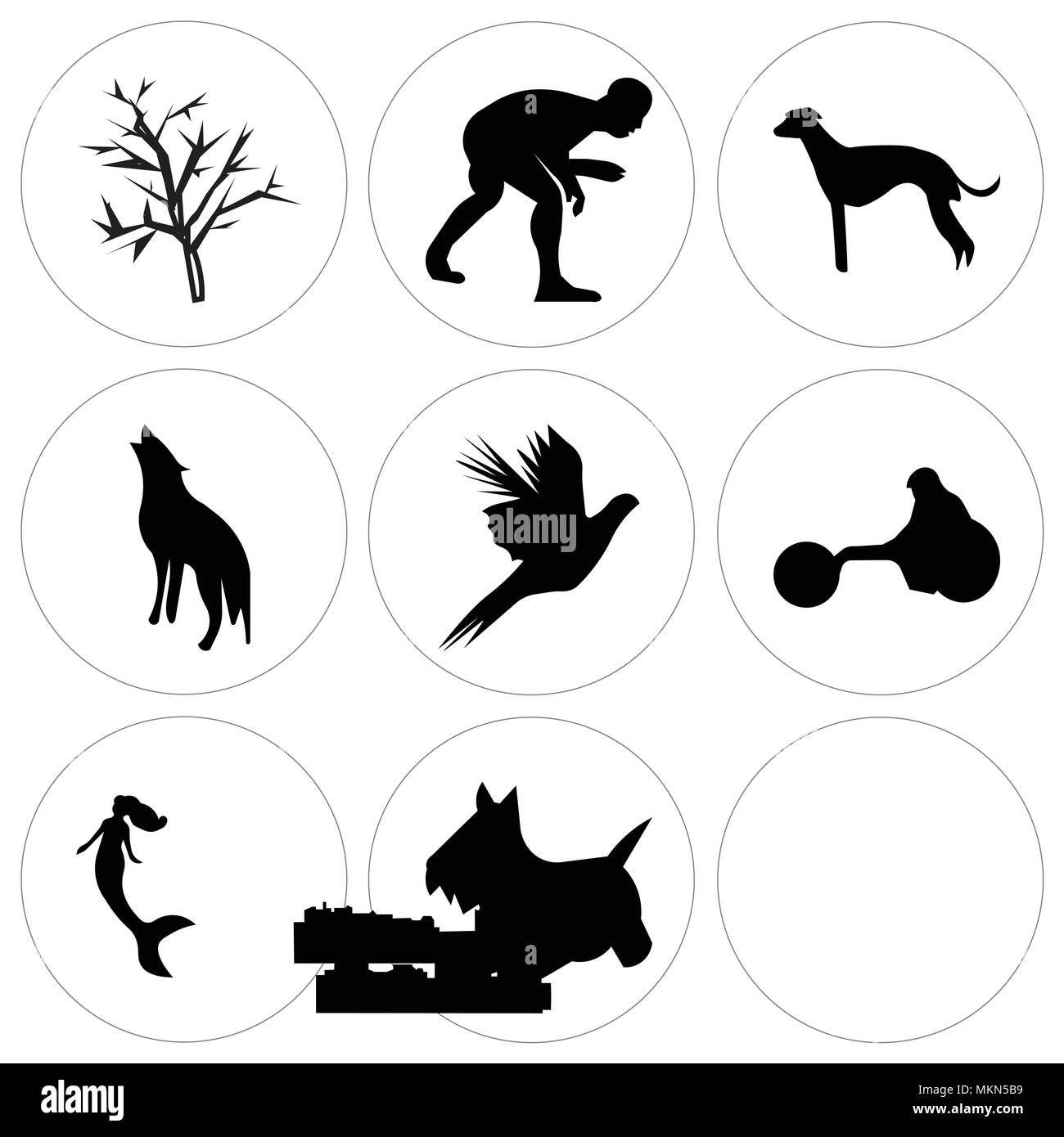 Set Of 9 simple editable icons such as scottie dog, mermaid, wheelchair racing, flying pheasant, howling wolf, whippet, dayton sky, wrestling, mesquit Stock Vector