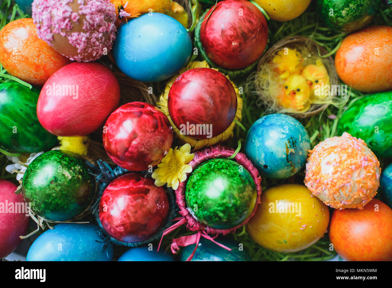 Painted and decorated easter eggs, colorful and abstract composition Stock Photo