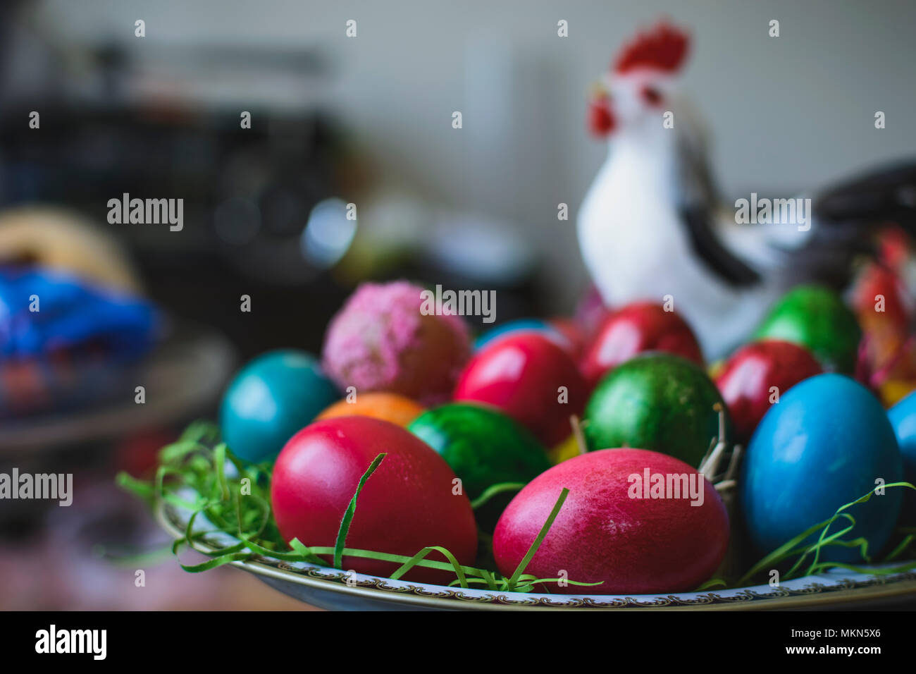 Painted and decorated easter eggs, colorful and abstract composition Stock Photo