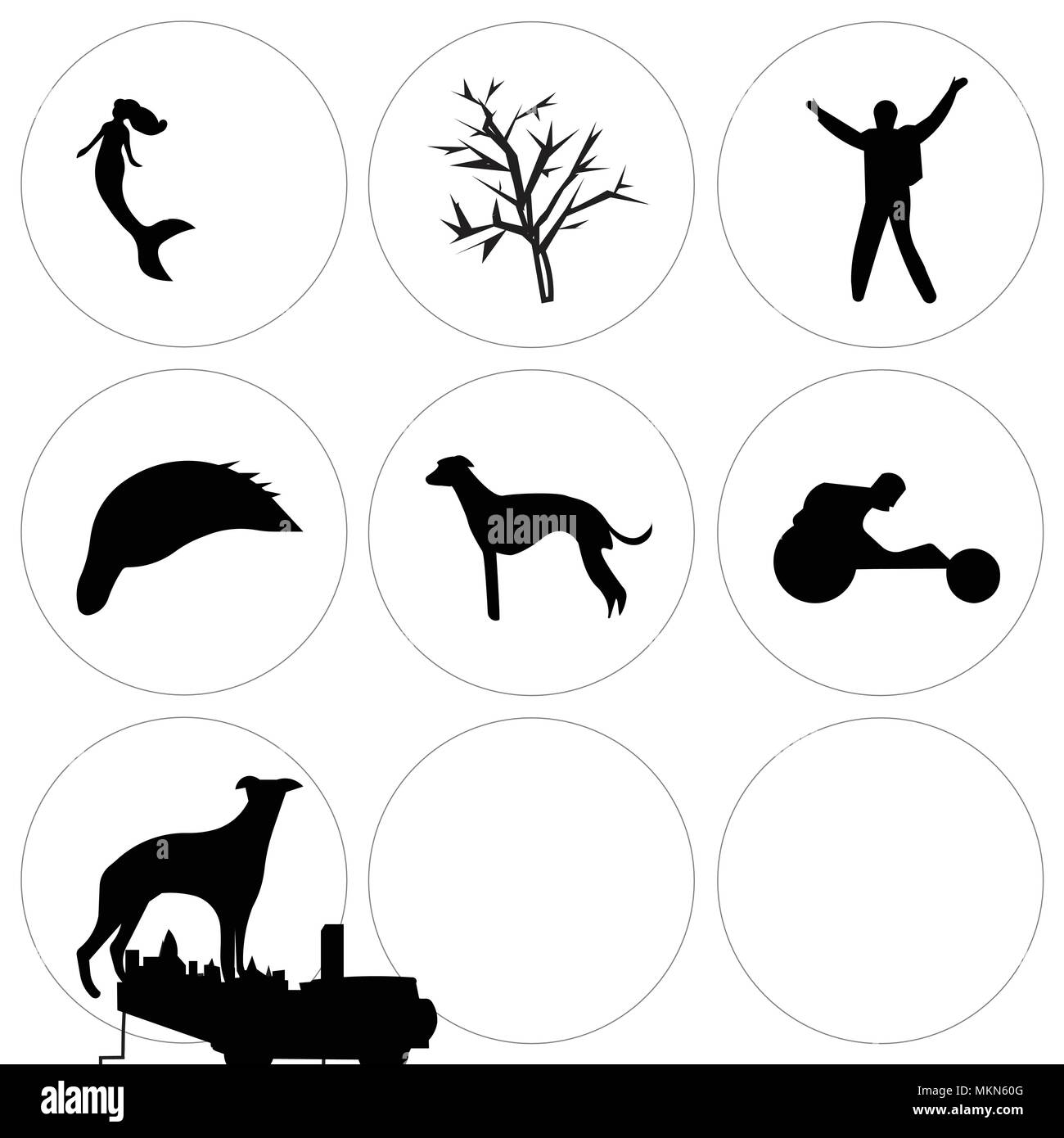 Set Of 9 simple editable icons such as whippet, wheelchair racing, edmonton sky, donald trump hair, elvis, mesquite tree, mermaid, car, can be used fo Stock Vector