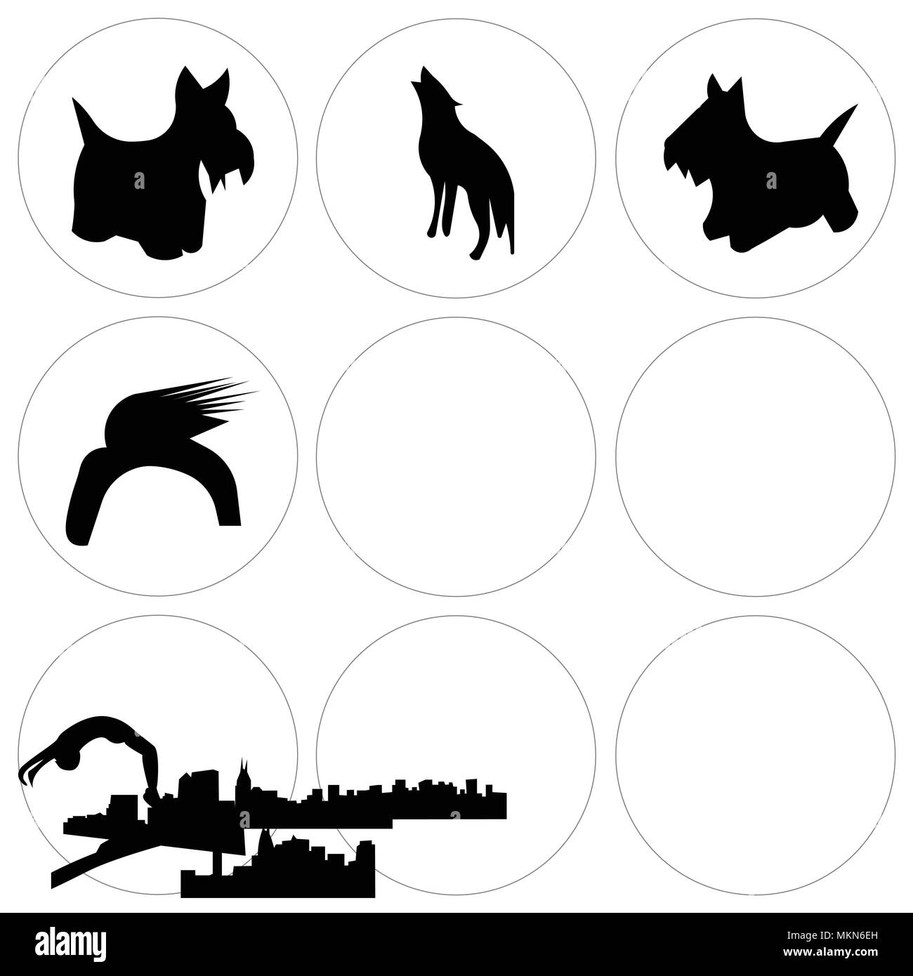 Set Of 9 simple editable icons such as richmond sky, donald trump hair, scottie dog, dayton howling wolf, edinburgh free nashville edmonton can be use Stock Vector