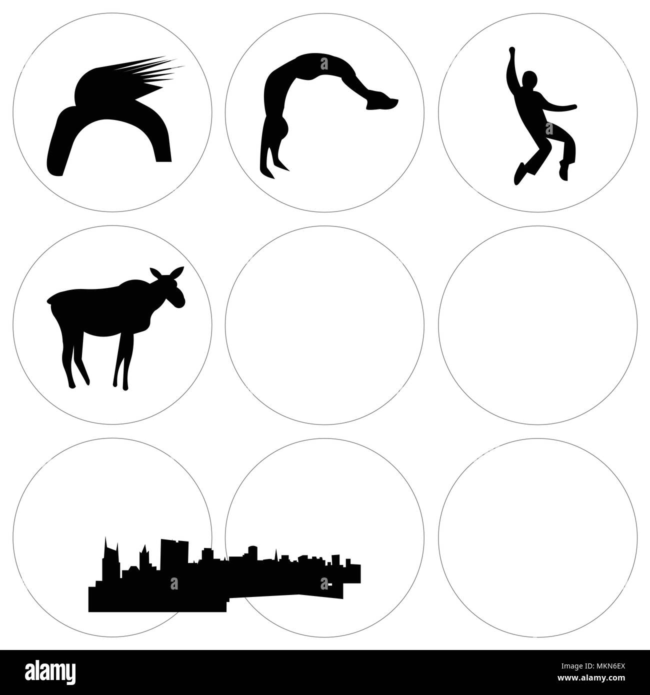 Set Of 9 simple editable icons such as free nashville sky, backflip, female moose, elvis, charleston cleveland edmonton donald trump hair, can be used Stock Vector